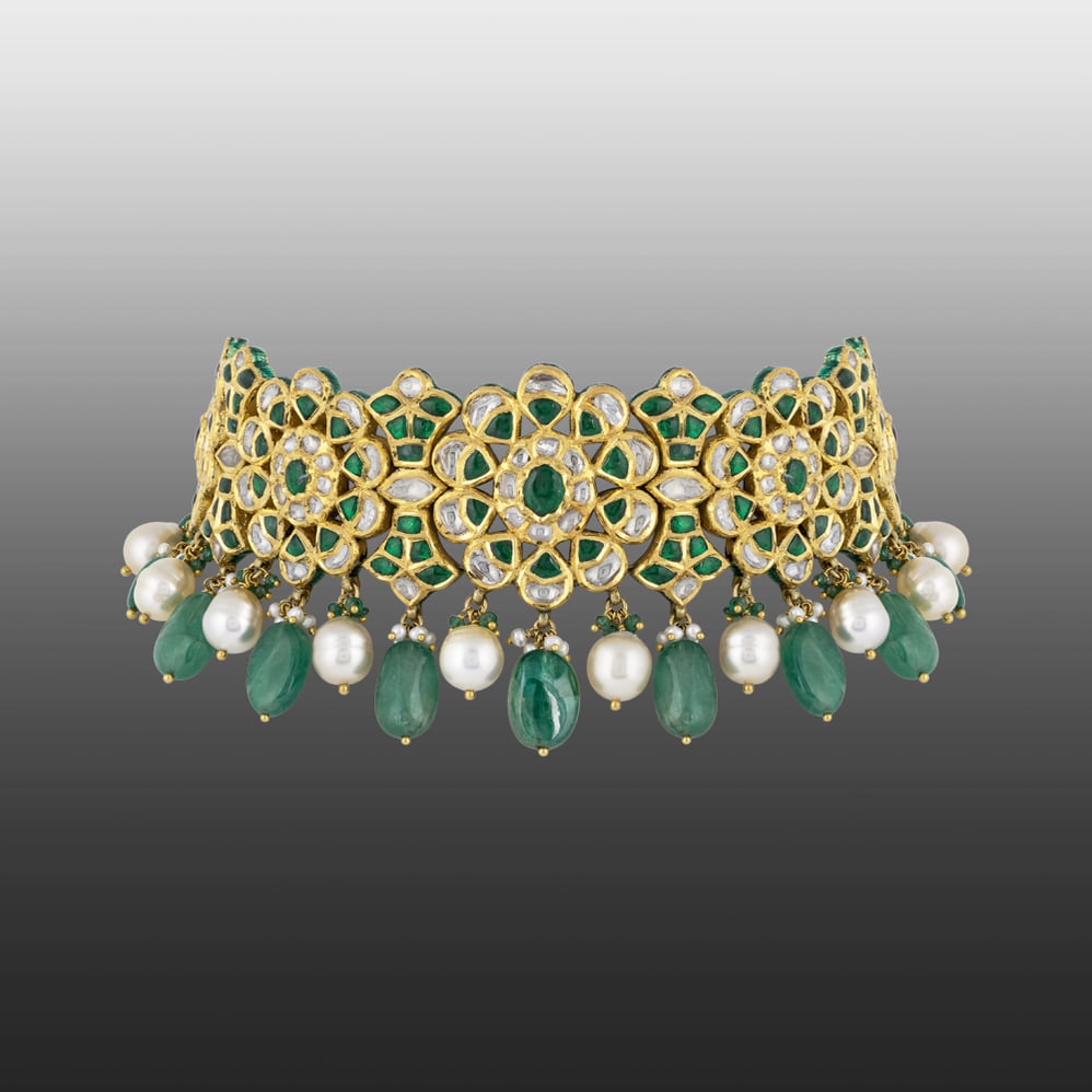 Floral Polki Choker with Green Talaf, Emerald & Pearl Drops